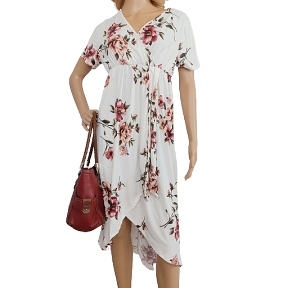 RAGDOLL Floral Rose White Faux Wrap Asymmetrical Summer Feminine Midi Dress
